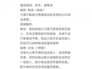 王者荣耀中兰陵王辅助攻略详解：掌握辅助兰陵王的技能与战术运用解析